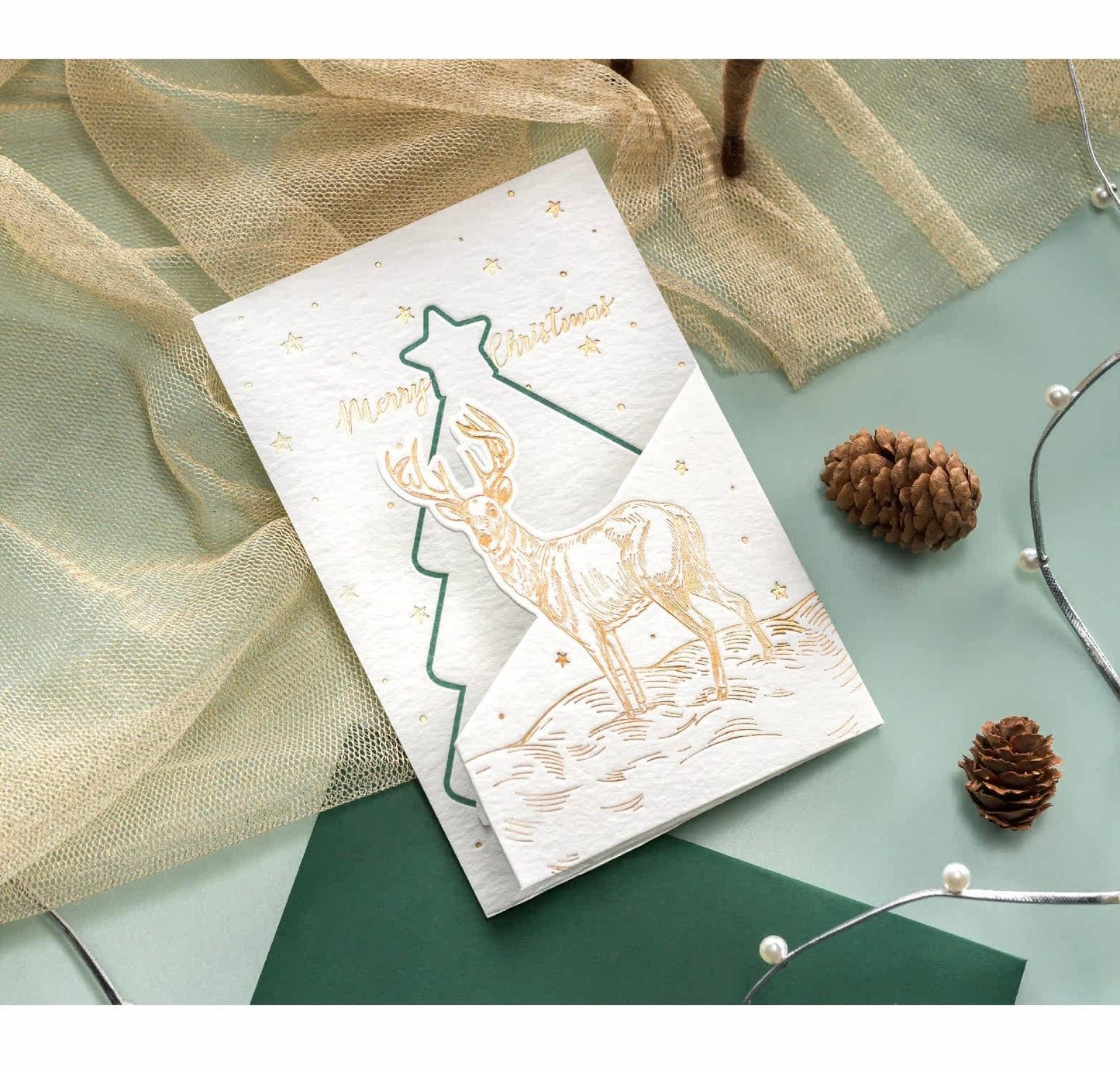 Elegant Elk & Tree Outline Christmas Greeting Card with Envelope