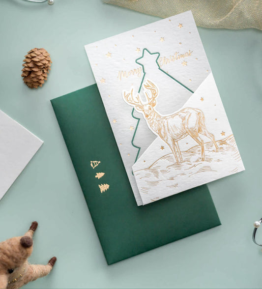 Elegant Elk & Tree Outline Christmas Greeting Card with Envelope