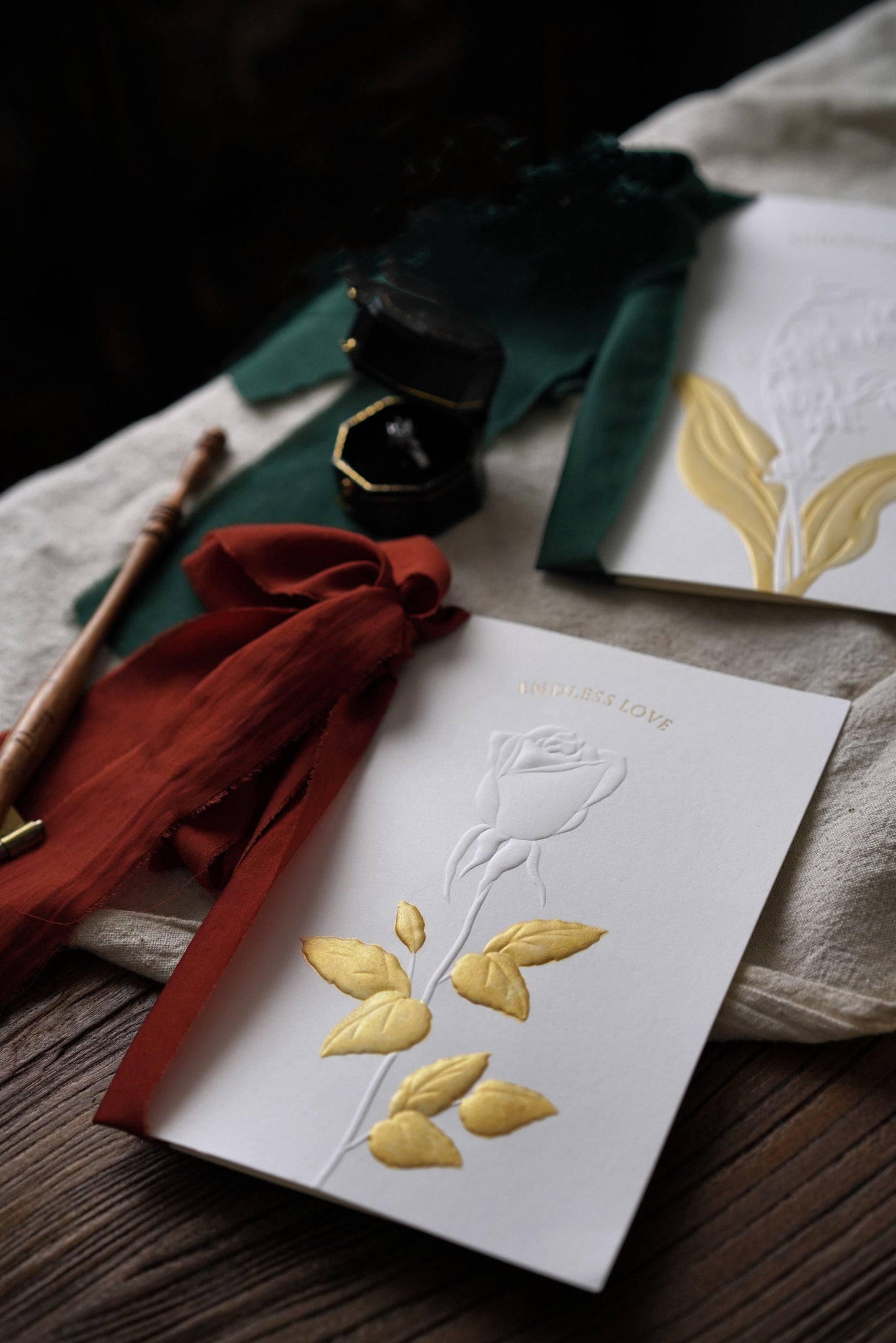 Floral Elegance – Handmade Gold Embossed Wedding Vow Cards