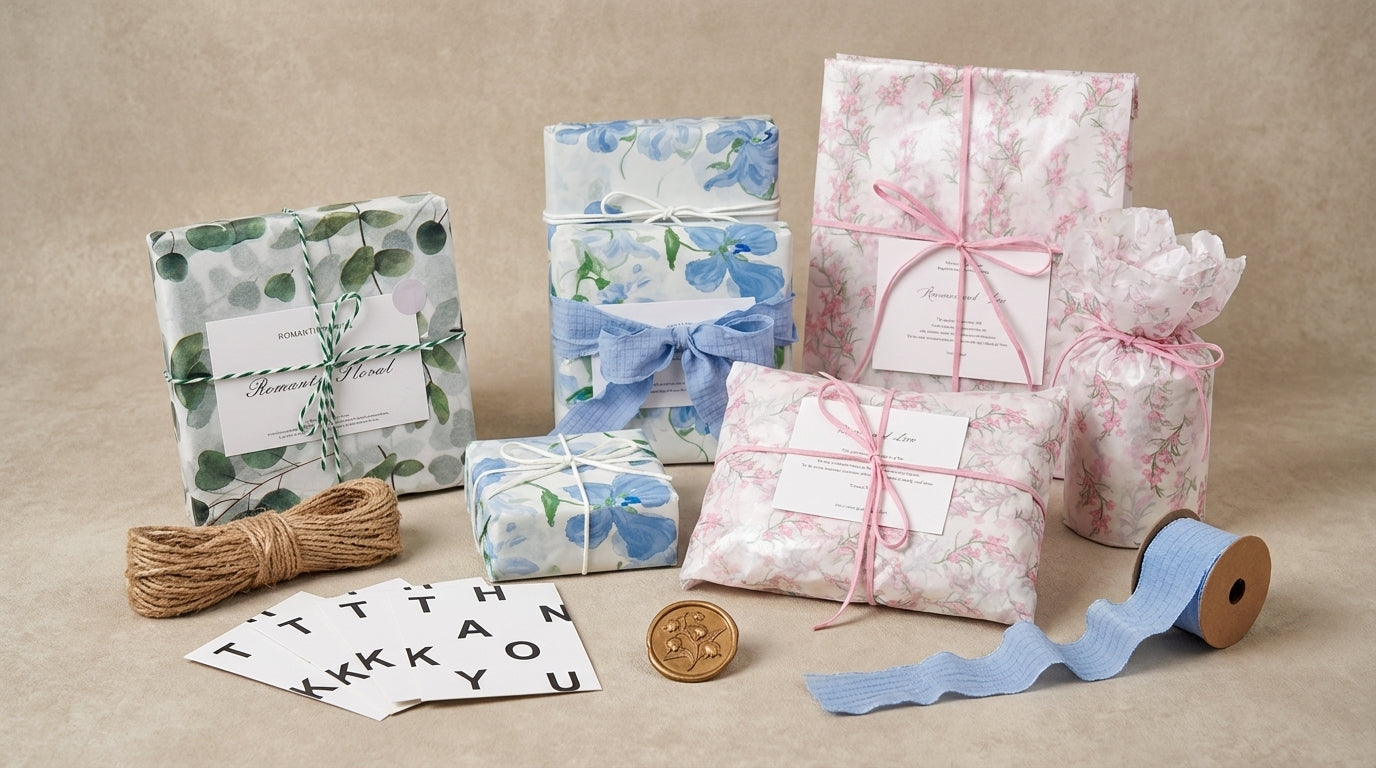 Aesthetic Gift Wrapping Kit – Pearlescent Tissue Paper, Wax Seal Stickers, Ribbon & Thank You Cards for Boutique Packaging