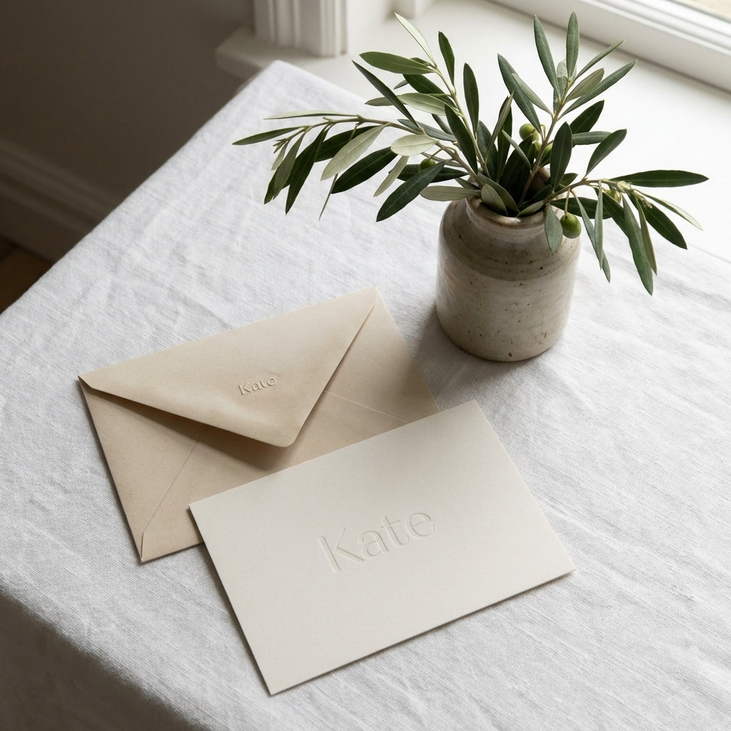 Bespoke Embossed & Engraved Business Invitation Set | Minimalist Beige & White Executive Stationery