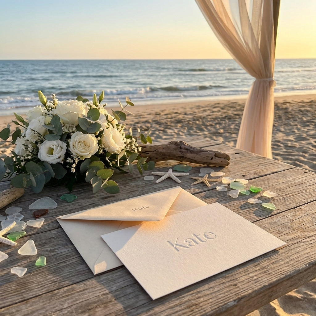 Bespoke Embossed & Engraved Business Invitation Set | Minimalist Beige & White Executive Stationery