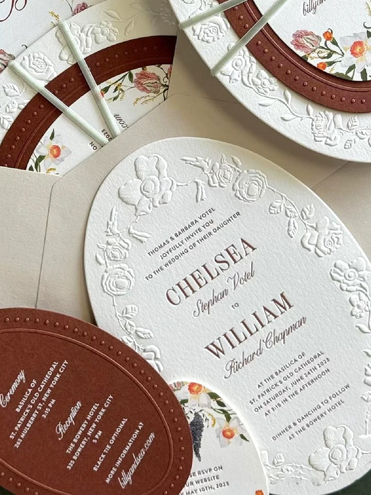 Bespoke Oval Wedding Invitation Suite – Elegant Vintage Embossed Collection