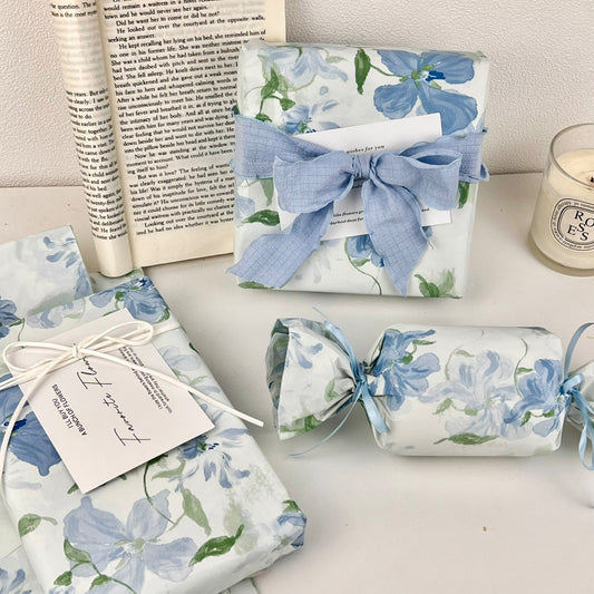 Blue Floral Pearlescent Wrapping Paper | Tranquil Botanical Tissue for Luxury Branding