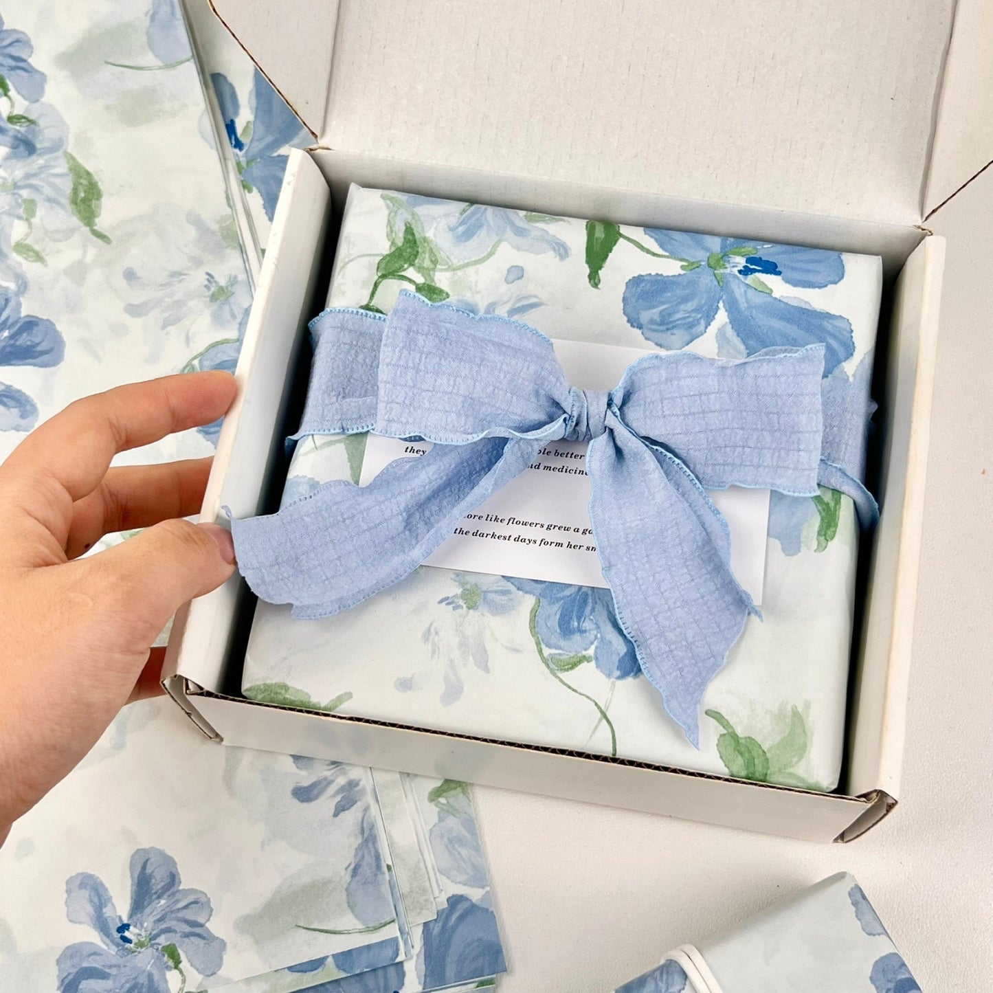 Blue Floral Pearlescent Wrapping Paper | Tranquil Botanical Tissue for Luxury Branding