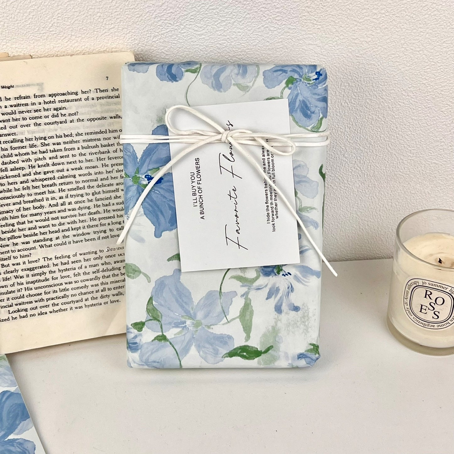 Blue Floral Pearlescent Wrapping Paper | Tranquil Botanical Tissue for Luxury Branding