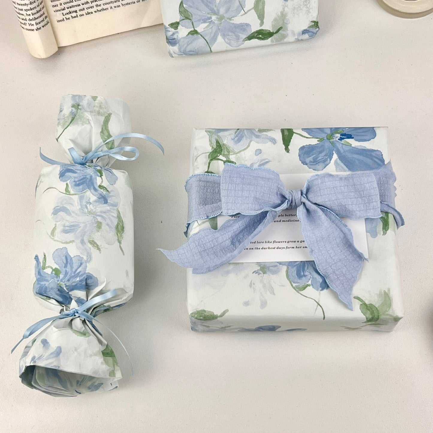Blue Floral Pearlescent Wrapping Paper | Tranquil Botanical Tissue for Luxury Branding