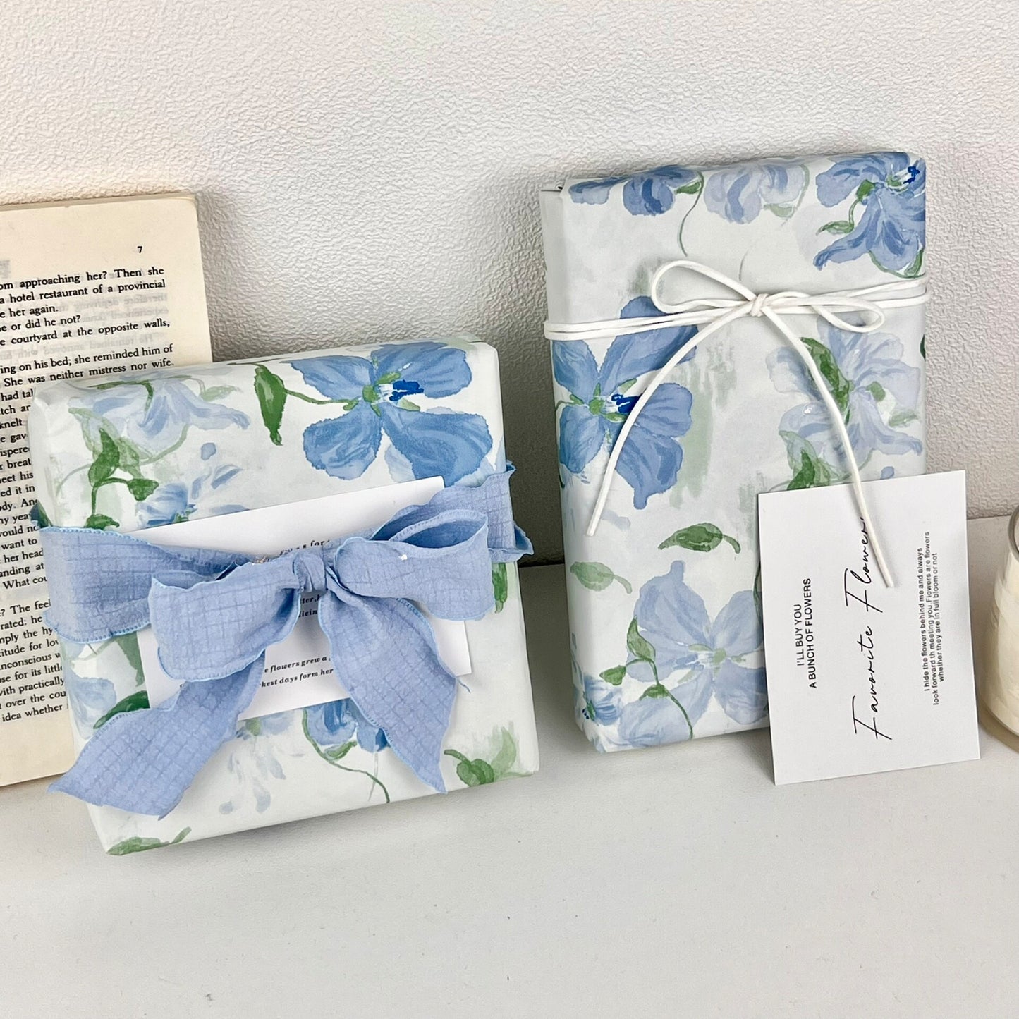 Blue Floral Pearlescent Wrapping Paper | Tranquil Botanical Tissue for Luxury Branding