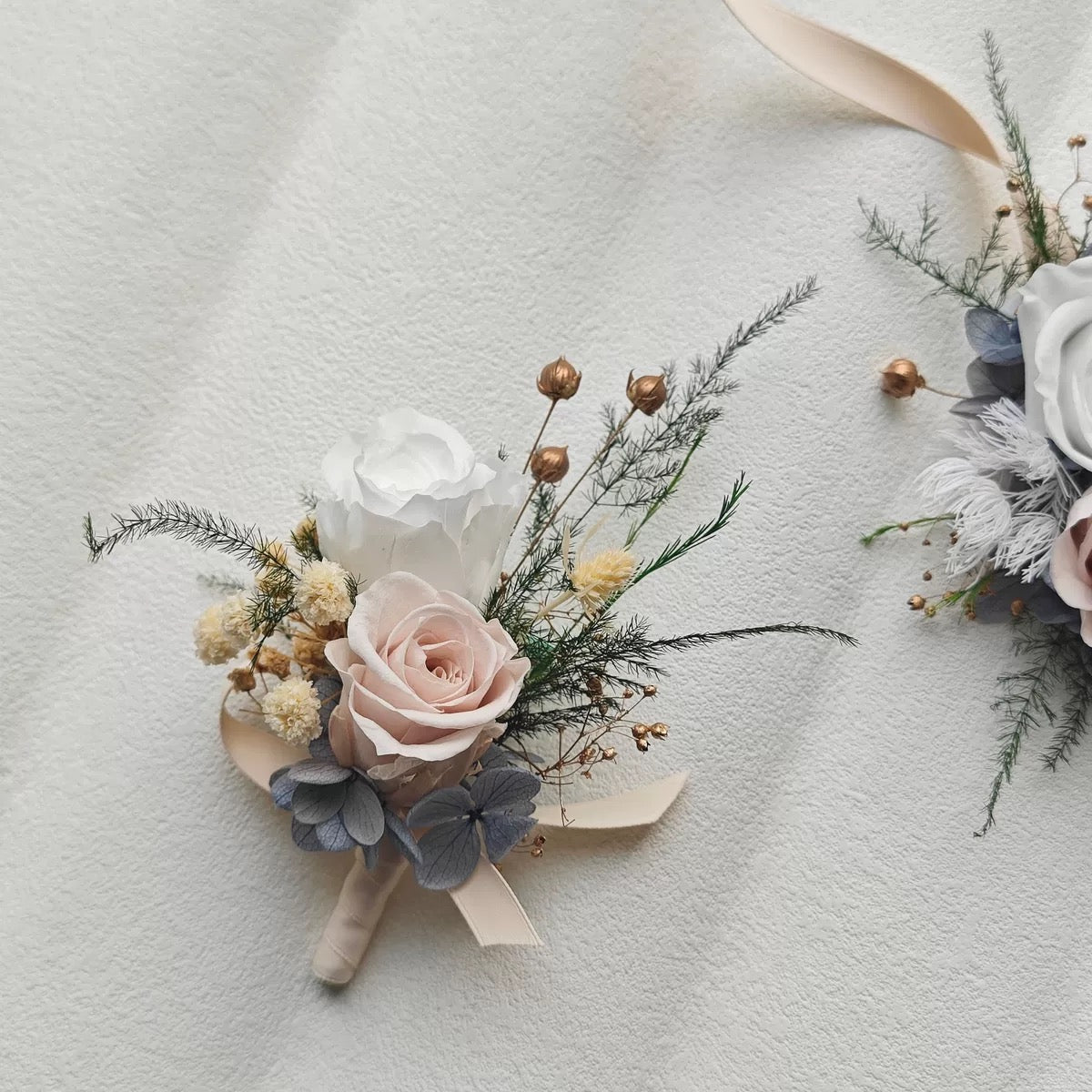 Blush Romance Preserved Rose Wrist Corsage & Boutonniere Set for Wedding & Prom