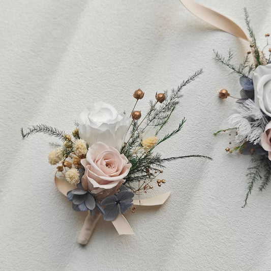 Blush Romance Preserved Rose Wrist Corsage & Boutonniere Set for Wedding & Prom