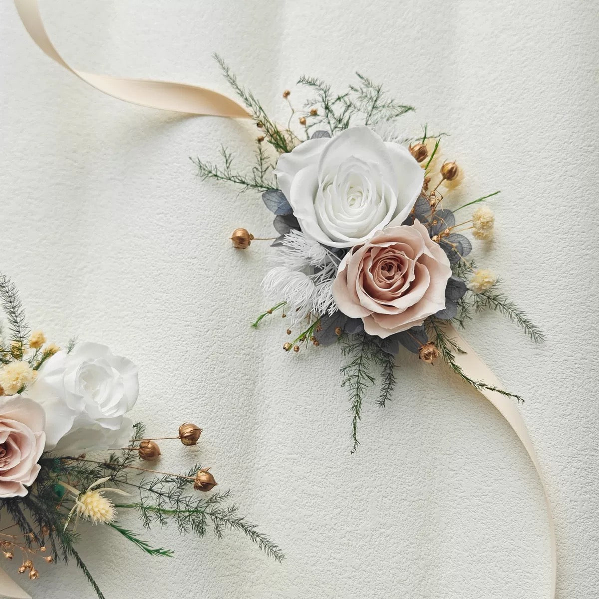 Blush Romance Preserved Rose Wrist Corsage & Boutonniere Set for Wedding & Prom