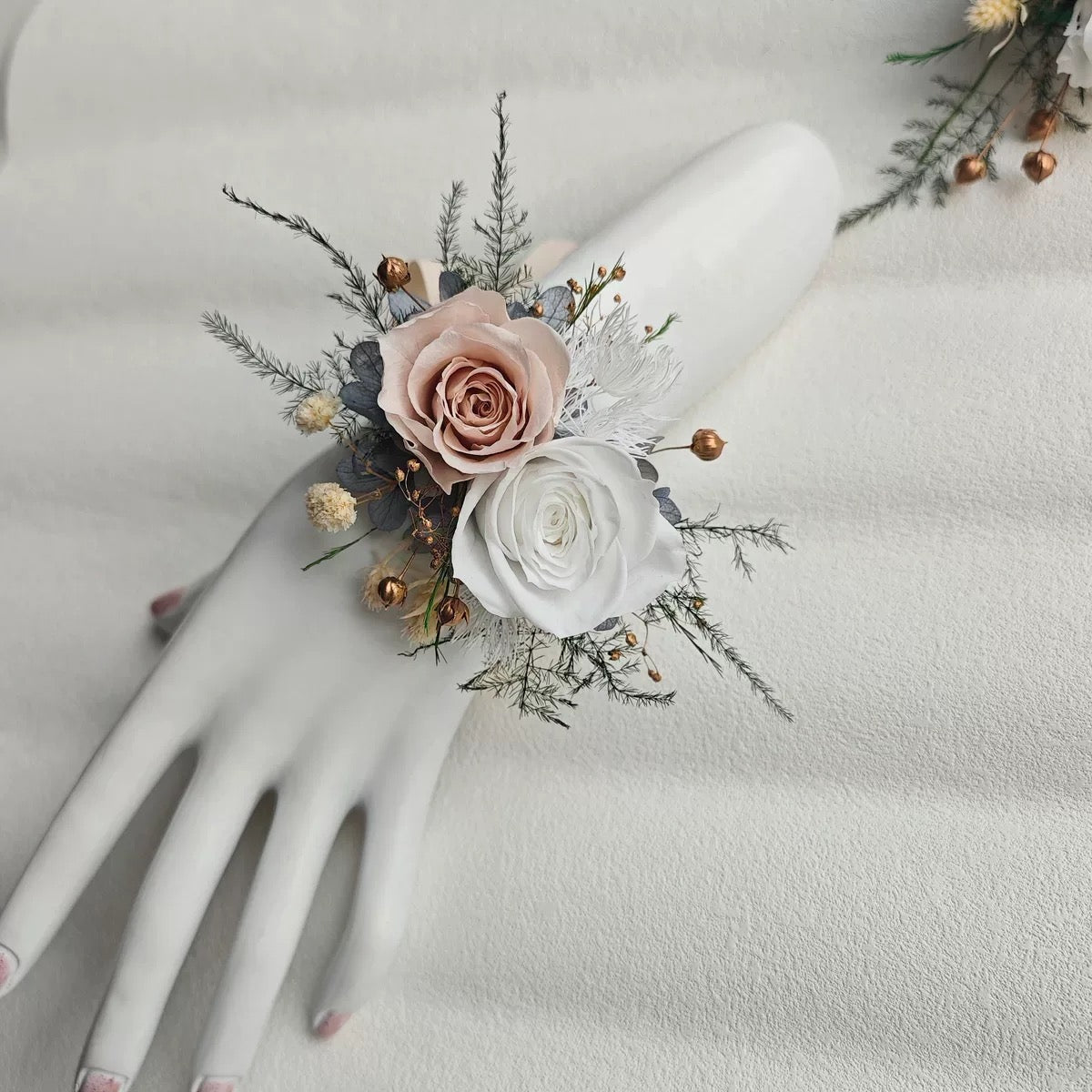 Blush Romance Preserved Rose Wrist Corsage & Boutonniere Set for Wedding & Prom