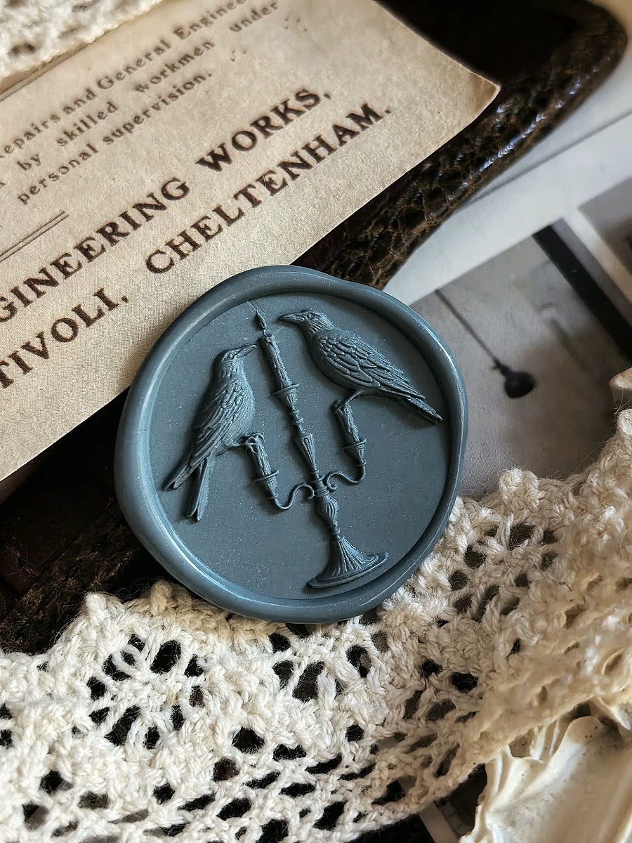 Crow Wax Seal Stamp – Twin Ravens & Candlelight Design