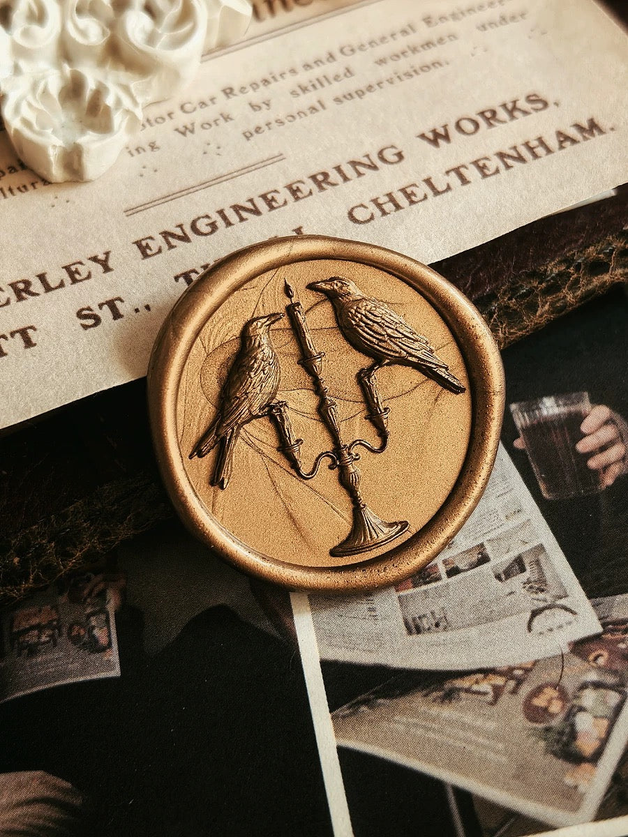 Crow Wax Seal Stamp – Twin Ravens & Candlelight Design