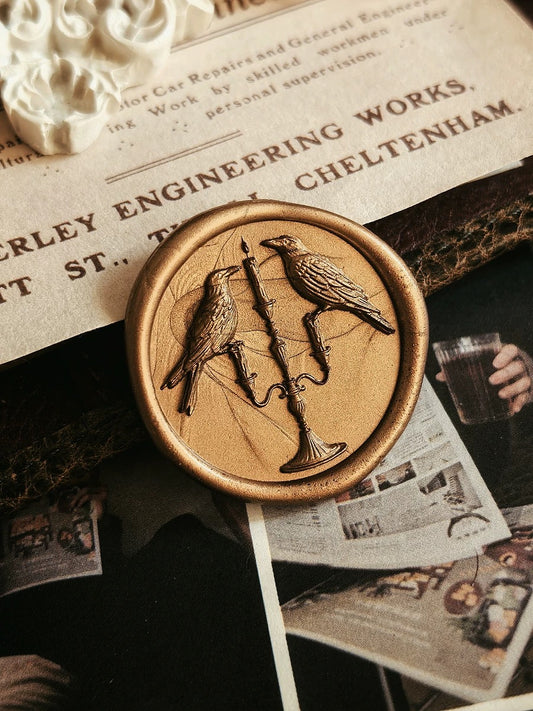Crow Wax Seal Stamp – Twin Ravens & Candlelight Design