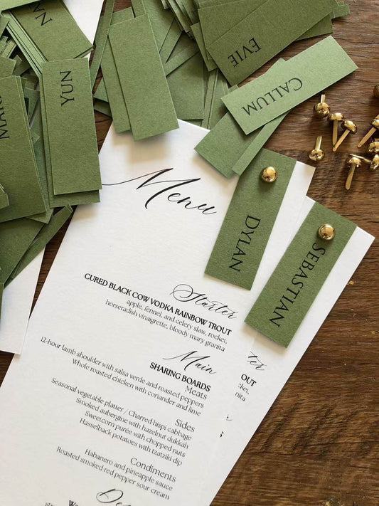 Elegant White Wedding Menu Card with Vintage Green Name Clip