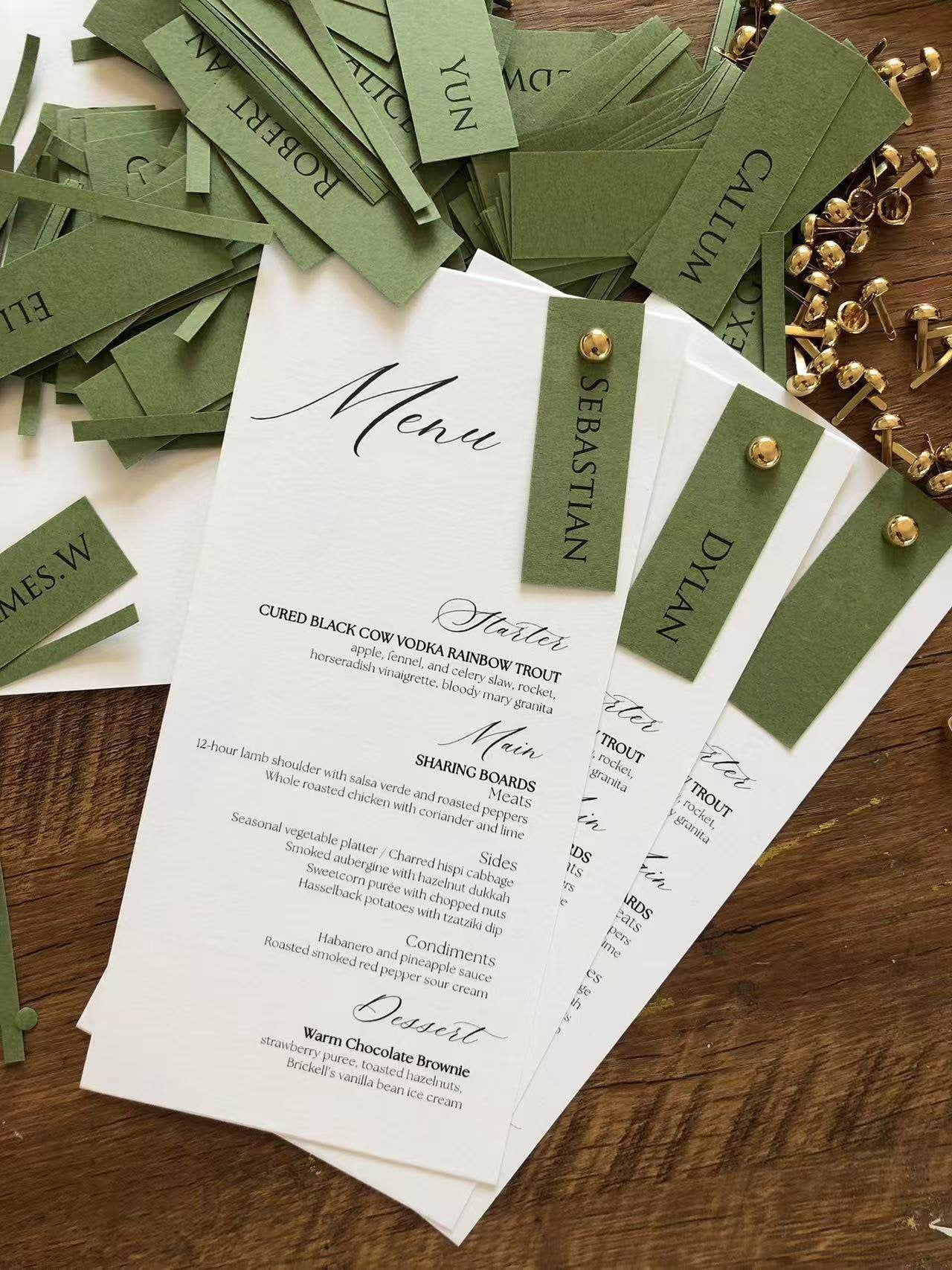 Elegant White Wedding Menu Card with Vintage Green Name Clip
