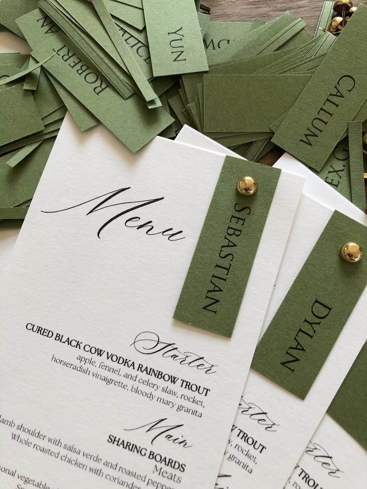 Elegant White Wedding Menu Card with Vintage Green Name Clip