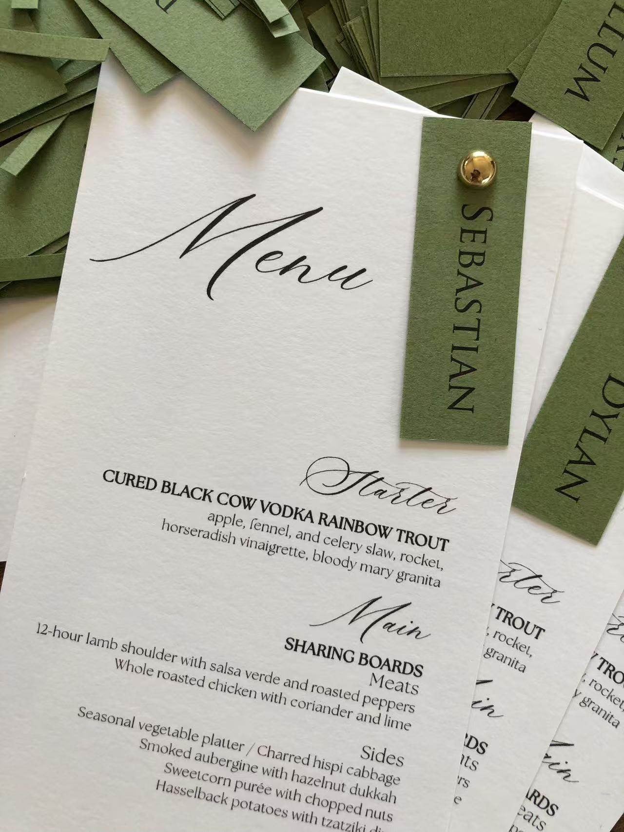 Elegant White Wedding Menu Card with Vintage Green Name Clip