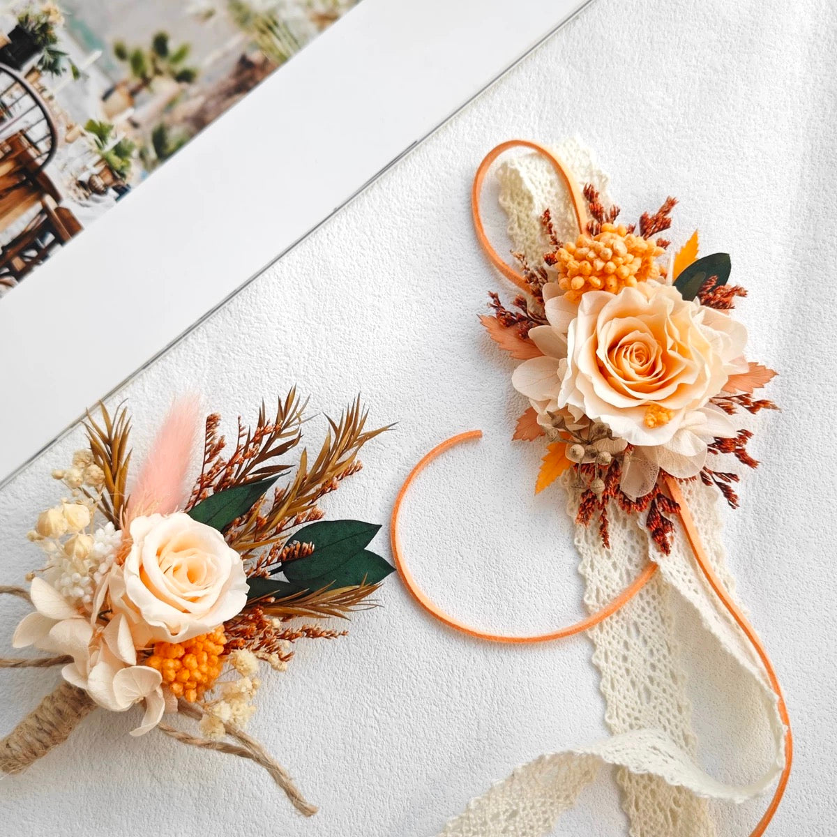 Eternal Sunset | Preserved Rose Wrist Corsage & Boutonniere Set - Handmade Everlasting Flowers for Prom & Weddings