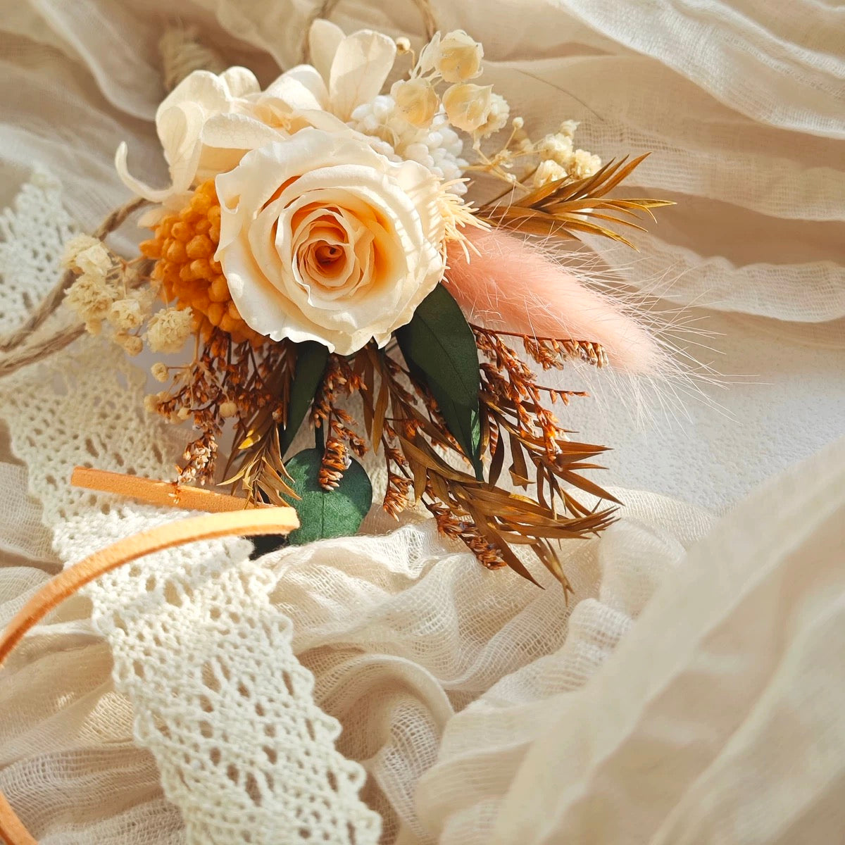 Eternal Sunset | Preserved Rose Wrist Corsage & Boutonniere Set - Handmade Everlasting Flowers for Prom & Weddings