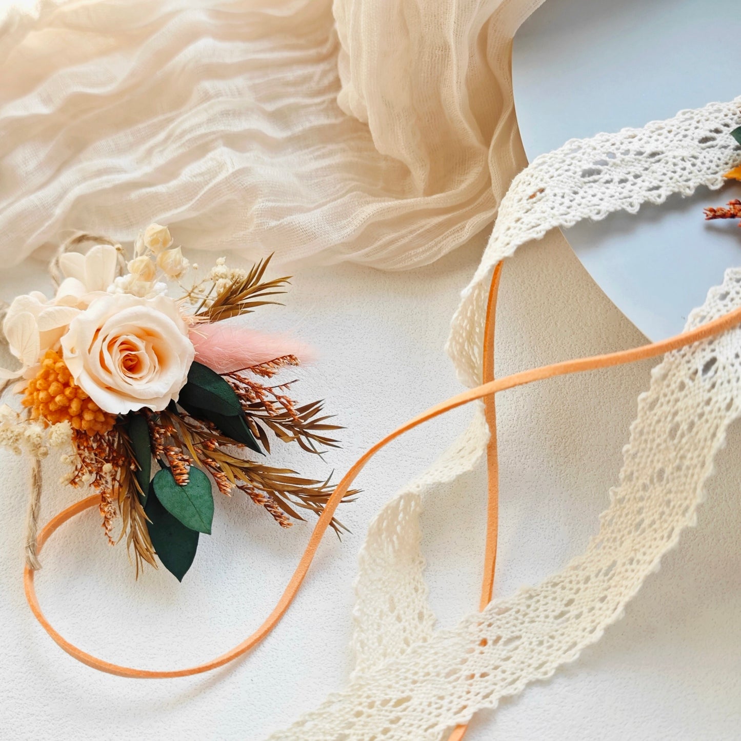 Eternal Sunset | Preserved Rose Wrist Corsage & Boutonniere Set - Handmade Everlasting Flowers for Prom & Weddings