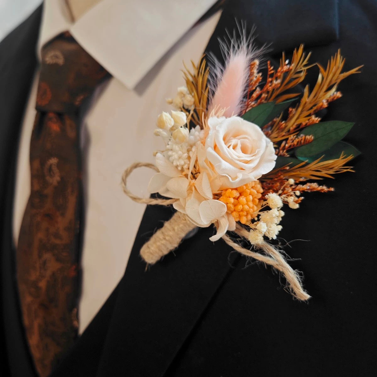 Eternal Sunset | Preserved Rose Wrist Corsage & Boutonniere Set - Handmade Everlasting Flowers for Prom & Weddings