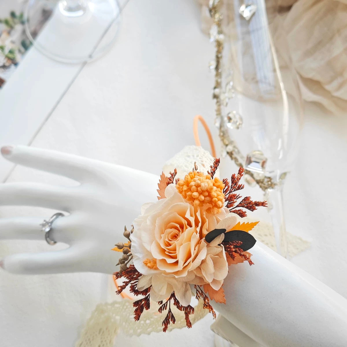 Eternal Sunset | Preserved Rose Wrist Corsage & Boutonniere Set - Handmade Everlasting Flowers for Prom & Weddings
