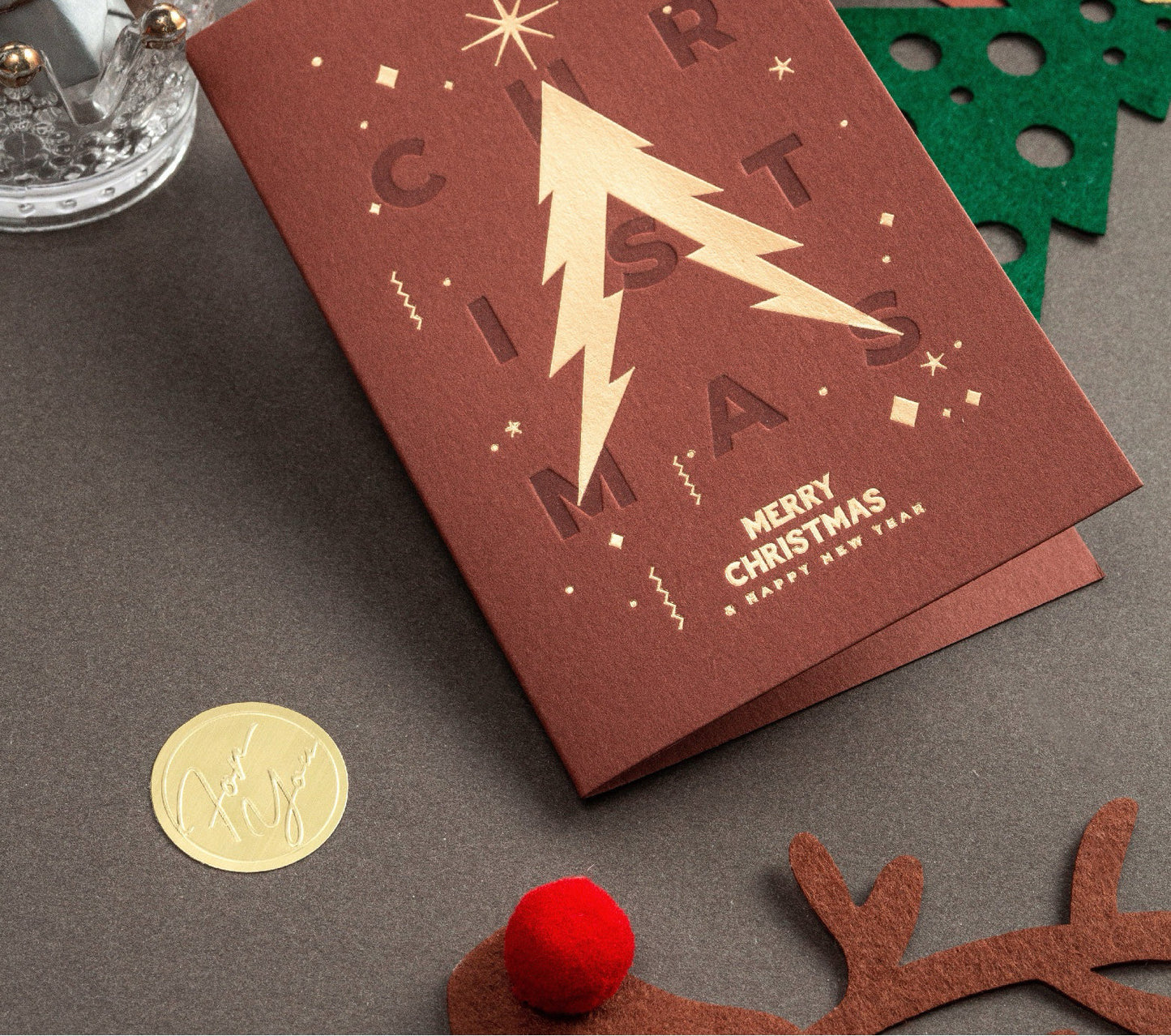 Golden Christmas Tree Greeting Card – Single & Foldable Versions with Envelope
