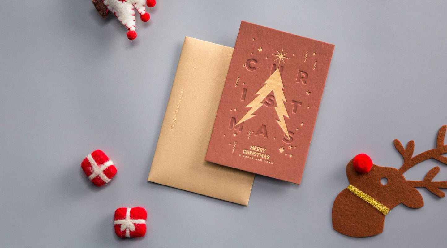 Golden Christmas Tree Greeting Card – Single & Foldable Versions with Envelope