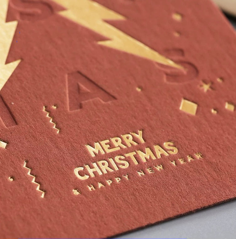 Golden Christmas Tree Greeting Card – Single & Foldable Versions with Envelope