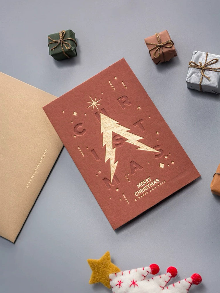 Golden Christmas Tree Greeting Card – Single & Foldable Versions with Envelope