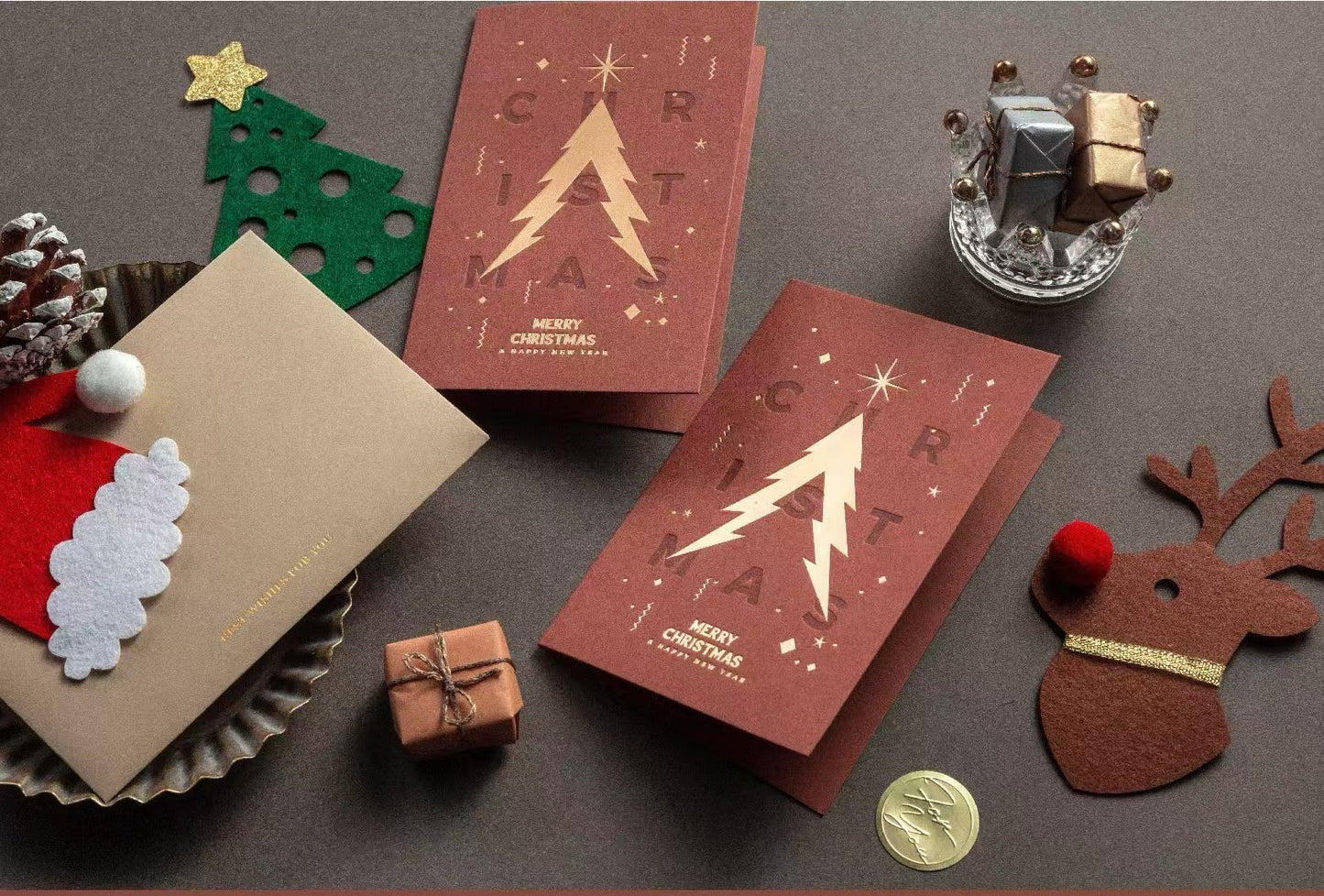 Golden Christmas Tree Greeting Card – Single & Foldable Versions with Envelope