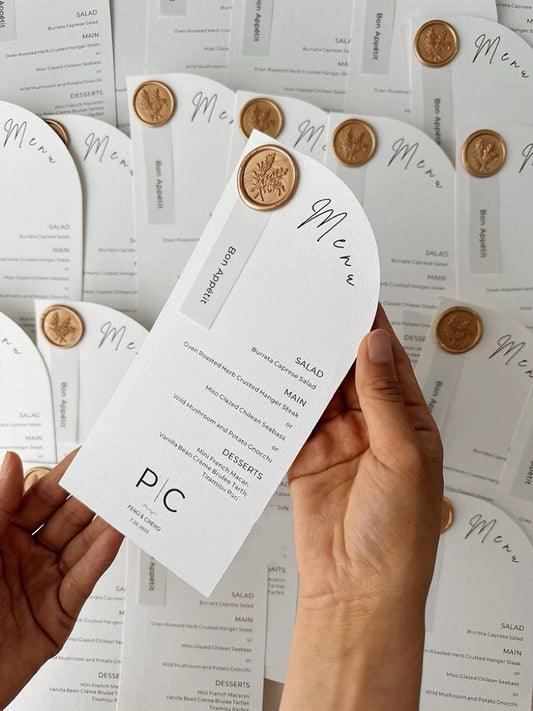 Modern Arc-Top Wedding Menu Card with Wax Seal Name Tag