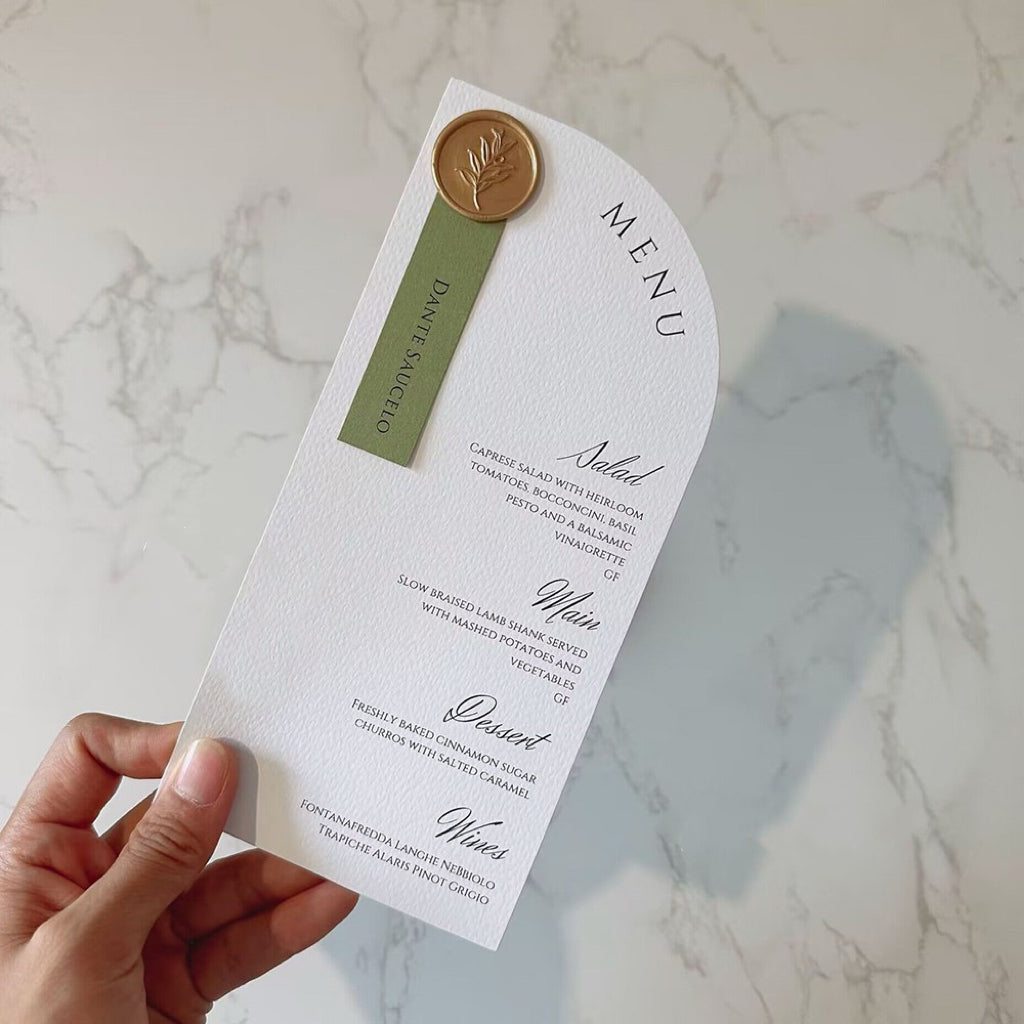Modern Arc-Top Wedding Menu Card with Wax Seal Name Tag