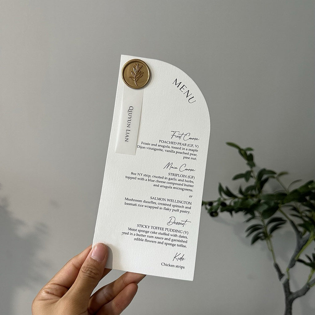 Modern Arc-Top Wedding Menu Card with Wax Seal Name Tag