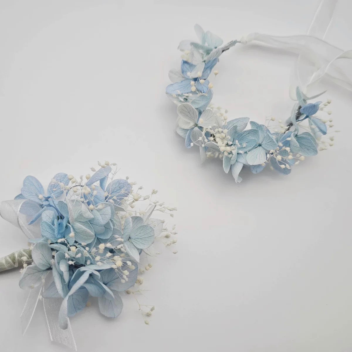 Something Blue Preserved Hydrangea Floral Set - Wrist Corsage or Boutonniere for Weddings