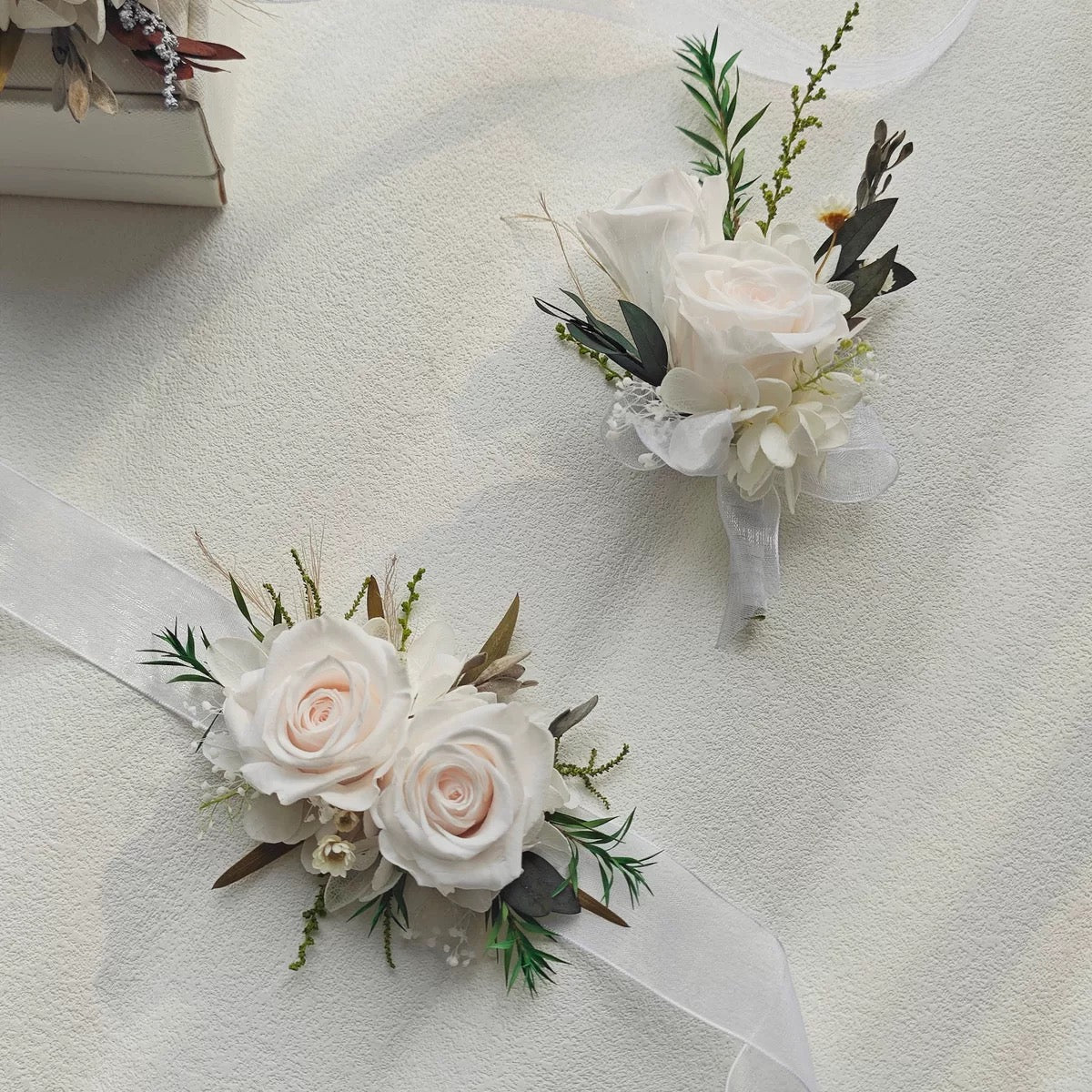 Timeless White Preserved Rose Corsage & Boutonniere Trio for Elegant Wedding & Gala