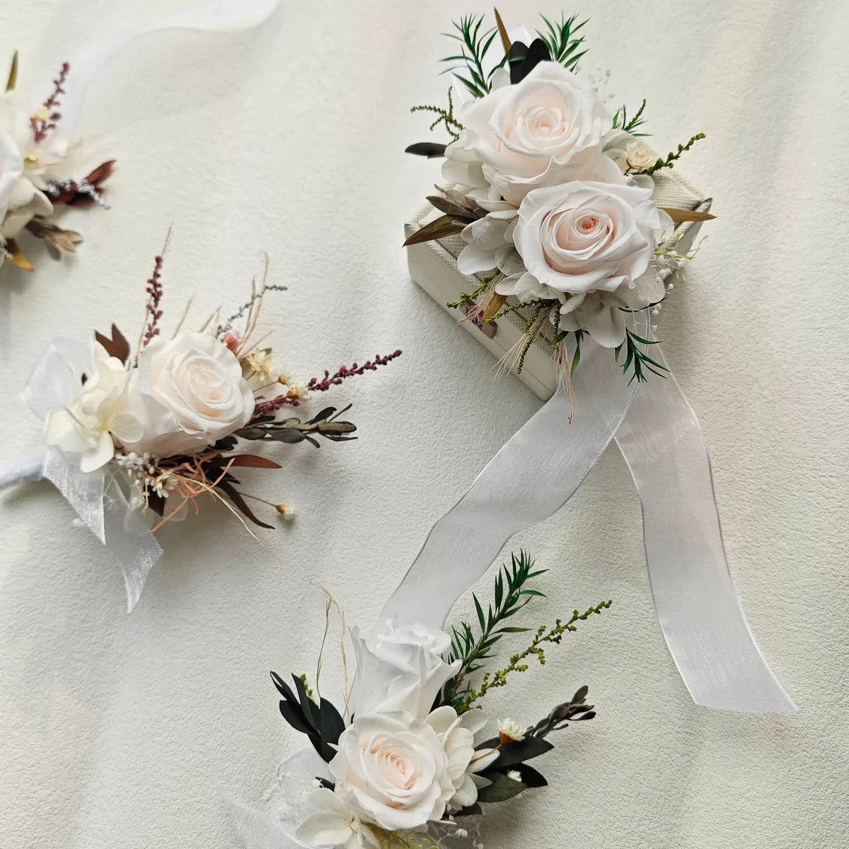 Timeless White Preserved Rose Corsage & Boutonniere Trio for Elegant Wedding & Gala