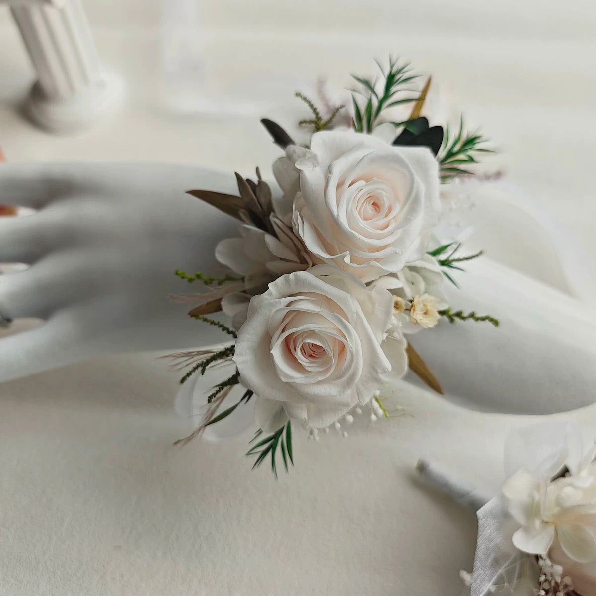 Timeless White Preserved Rose Corsage & Boutonniere Trio for Elegant Wedding & Gala