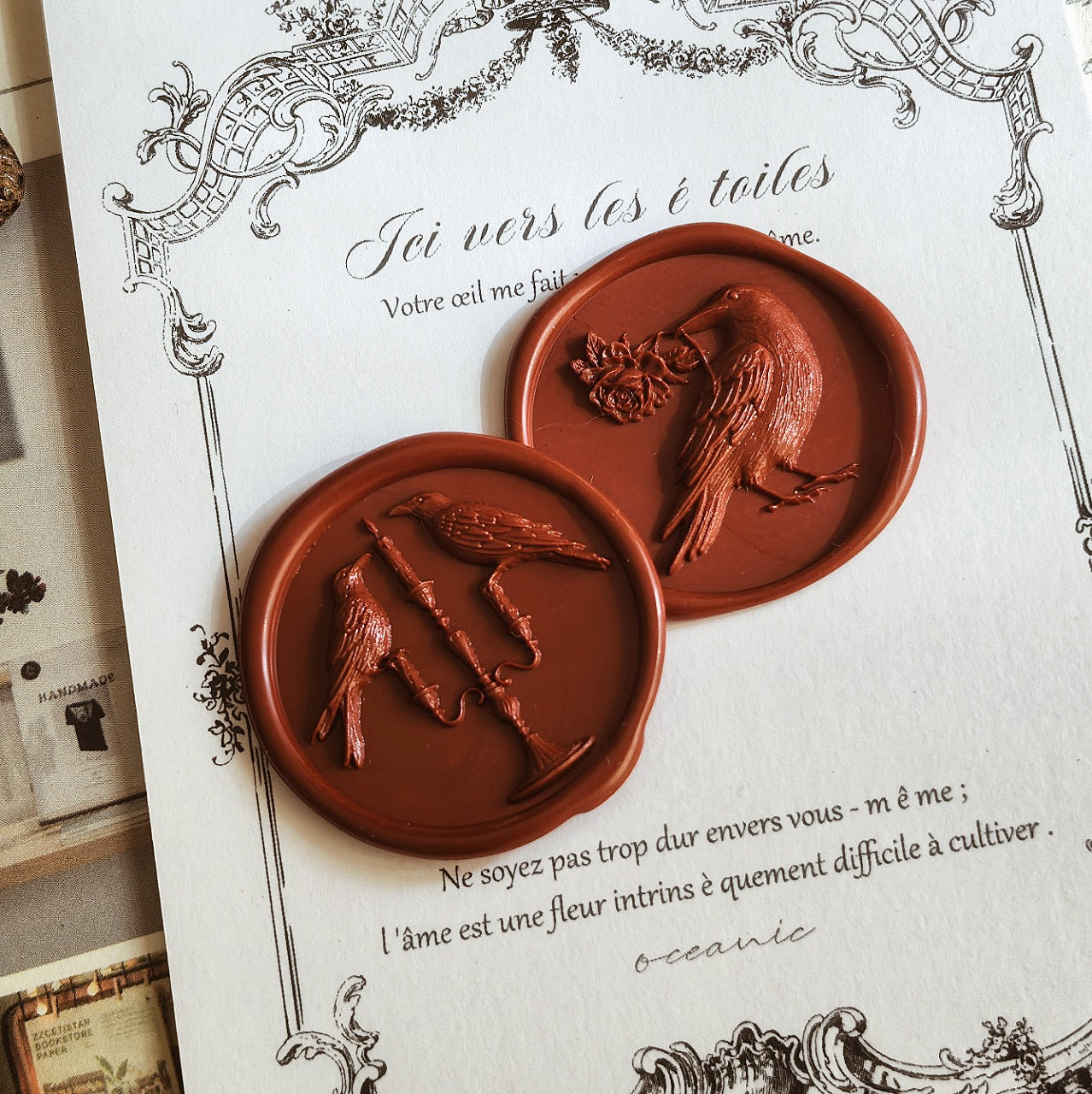 Crow Wax Seal Stamp – Twin Ravens & Candlelight Design